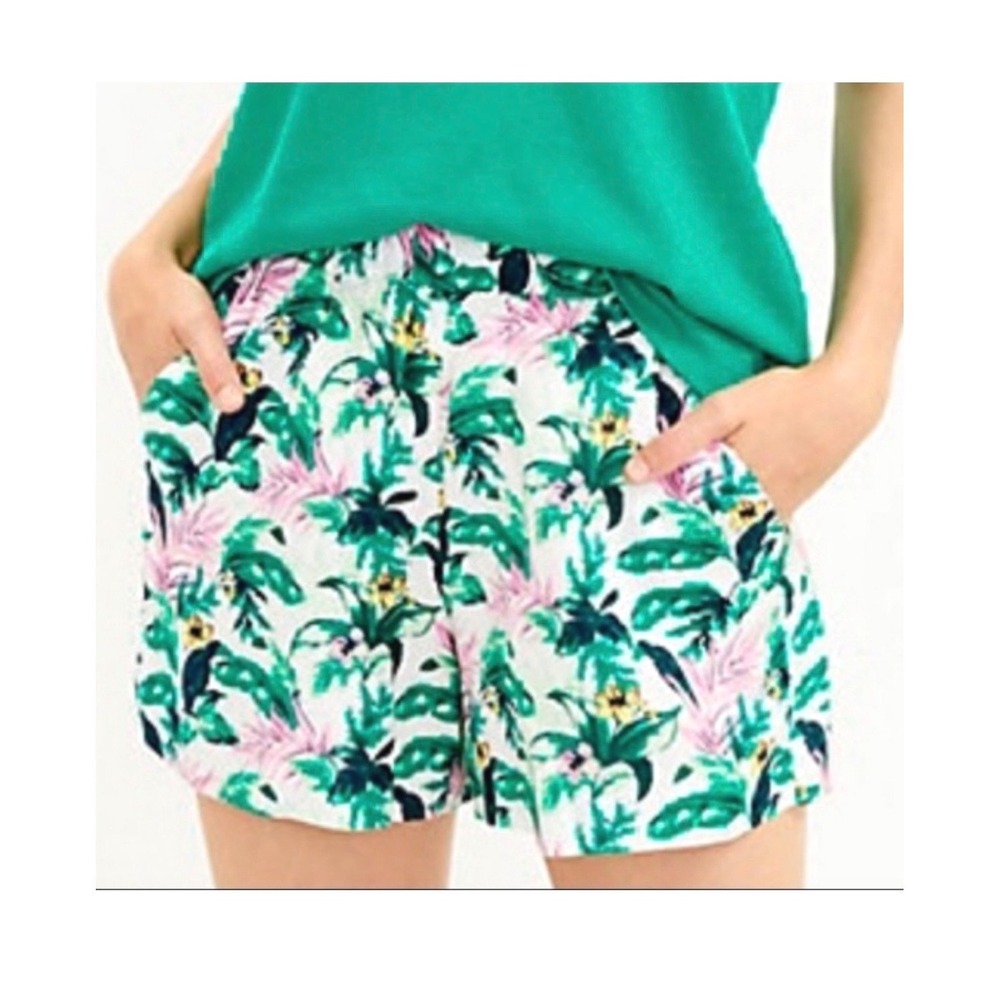 LOFT Tropical Palm Print Linen Blend Shorts Green Pink Paperbag Waist Small